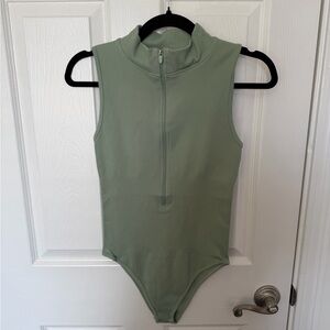 Sleeveless Ribbed Zip-Front Bodysuit in Sage Green